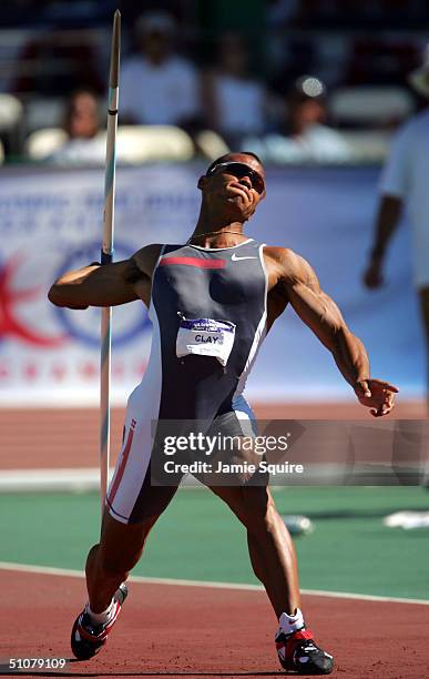 Bryan Clay competes in the Decathlon Javelin Throw during the U.S. Olympic Team Track & Field Trials on July 17, 2004 at the Alex G. Spanos Sports...