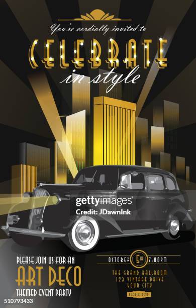 bildbanksillustrationer, clip art samt tecknat material och ikoner med art deco style vintage poster invitation party classic car template - art déco