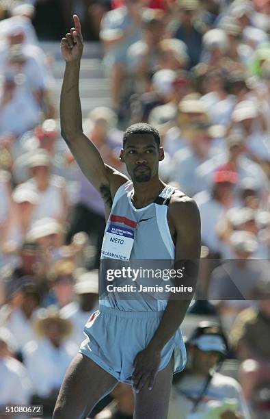 Jamie Nieto competes in the men's High Jump Final during the U.S. Olympic Team Track & Field Trials on July 18, 2004 at the Alex G. Spanos Sports...