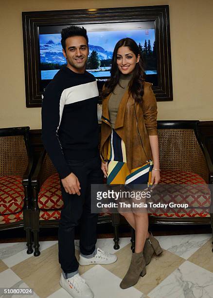 Bollywood Actress Yami Gautam and Pulkit Samrat during the promotion of their movie Sanam Re at PVR Plaza, in New Delhi.