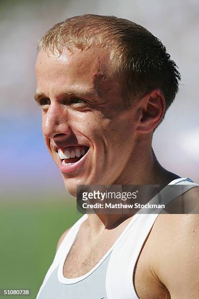 Alan Webb celebrates winning the men's 1500 meter run final during the U.S. Olympic Team Track & Field Trials on July 18, 2004 at the Alex G. Spanos...