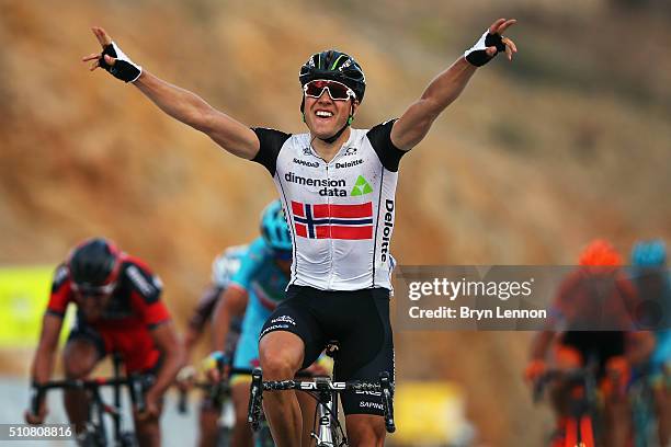 Edvald Boasson Hagen of Norway and Dimension Data celebrates winning stage two of the 2016 Tour of Oman, a 162km stage from Omantel Head Office to...