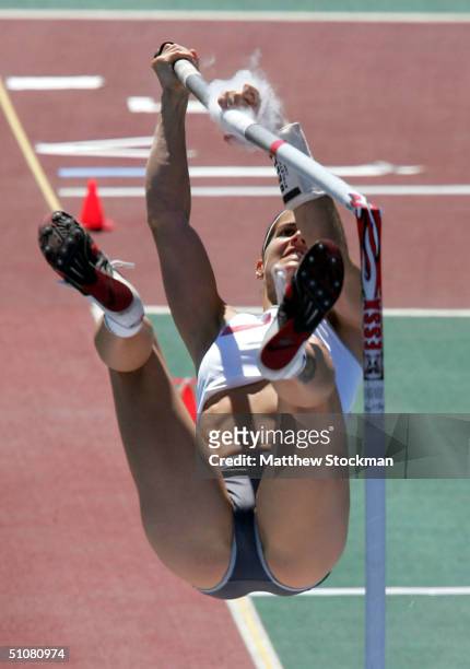 Kellie Suttle's pole breaks while competing in the women's Pole Vault Final during the U.S. Olympic Team Track & Field Trials on July 18, 2004 at the...