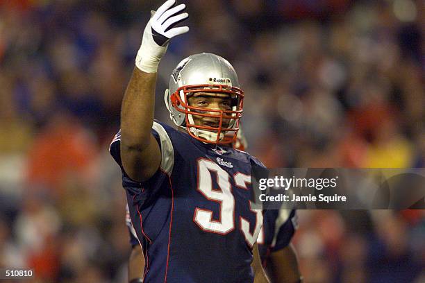 Richard Seymour of the New Engand Patriots gestures during the game against the New Orleans Saints at Foxboro Stadium in Foxboro, Massachusettes ....