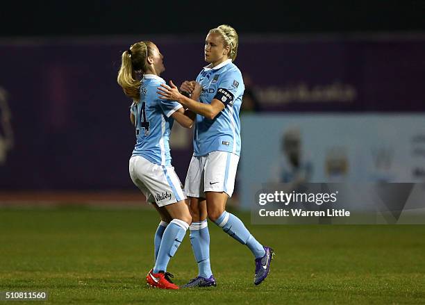 Steph Houghton, Captain of Manchester City WOmen scores the opening goal during the Fatima Bint Mubarak Ladies Sports Academy Challenge between...