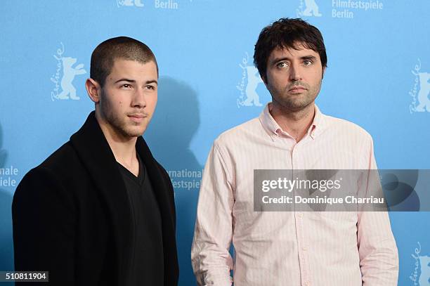 Actor Nick Jonas and Director Andrew Neel attend the 'Goat' photo call during the 66th Berlinale International Film Festival Berlin at Grand Hyatt...