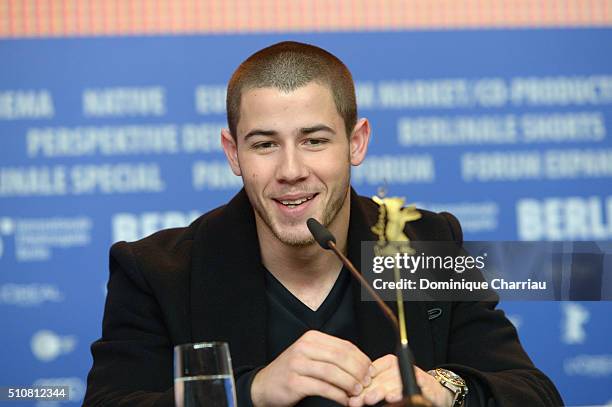 Actor Nick Jonas attends the 'Goat' press conference during the 66th Berlinale International Film Festival Berlin at Grand Hyatt Hotel on February...