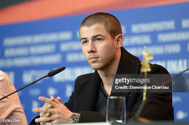 Actor Nick Jonas attends the 'Goat' press conference during the 66th Berlinale International Film Festival Berlin at Grand Hyatt Hotel on February...