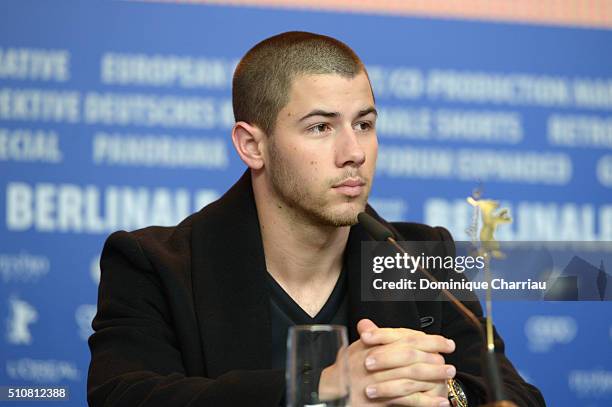 Actor Nick Jonas attends the 'Goat' press conference during the 66th Berlinale International Film Festival Berlin at Grand Hyatt Hotel on February...