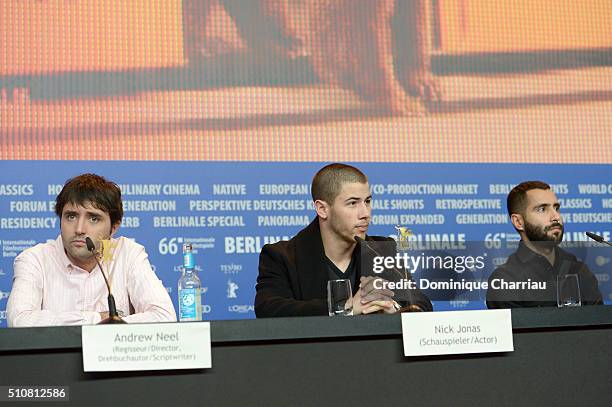 Director Andrew Neel,Actor Nick Jonas and Producer David Hinojosa attend the 'Goat' press conference during the 66th Berlinale International Film...