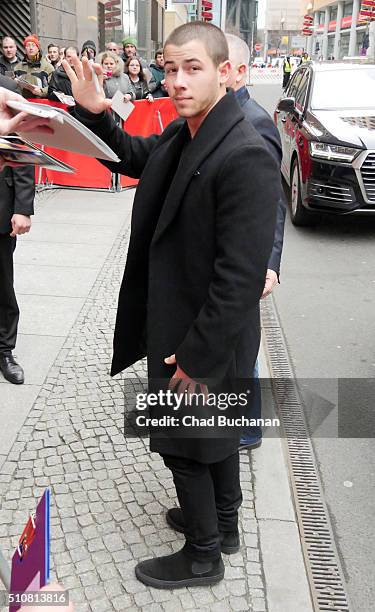 Actor Nick Jonas arrives at the 'Goat' photo call during the 66th Berlinale International Film Festival Berlin at Grand Hyatt Hotel on February 17,...