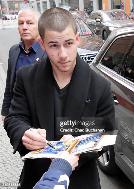 Actor Nick Jonas arrives at the 'Goat' photo call during the 66th Berlinale International Film Festival Berlin at Grand Hyatt Hotel on February 17,...