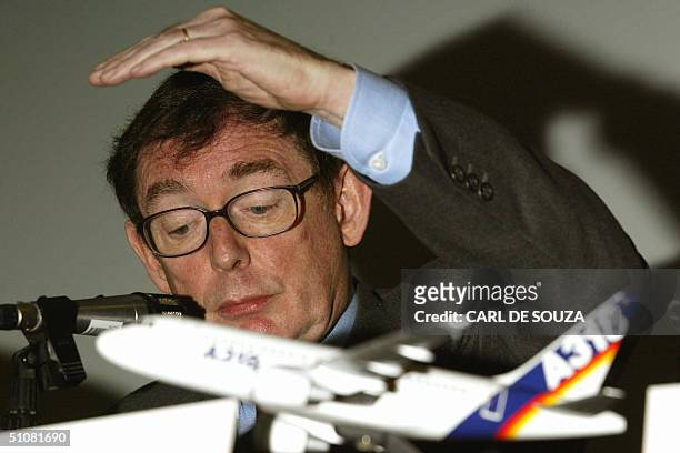Noel Forgeard, the CEO of Airbus, talks about his plans for the future at the Farnborough Airshow 19 July 2004. Airbus are to release a new...