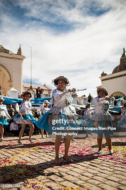 dancers in traditional costume, fiesta de la virgen de la candelaria, copacabana, lake titicaca, bolivia, south america - virgen de la candelaria fiesta stock pictures, royalty-free photos & images