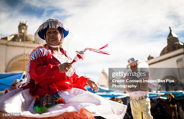 female dancer in costume, fiesta de la virgen de la candelaria, copacabana, lake titicaca, bolivia, south america - virgen de la candelaria fiesta stock pictures, royalty-free photos & images