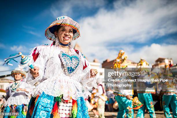 dancers in traditional costume, fiesta de la virgen de la candelaria, copacabana, lake titicaca, bolivia, south america - virgen de la candelaria fiesta stock pictures, royalty-free photos & images