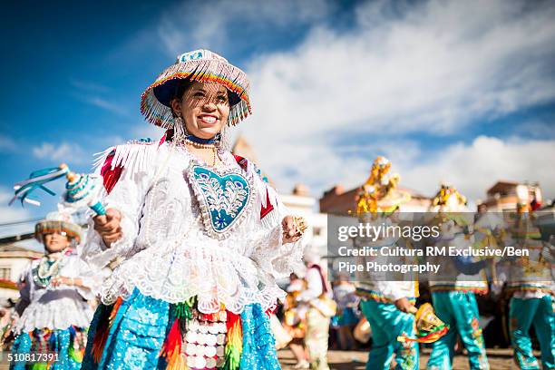 dancers in traditional costume, fiesta de la virgen de la candelaria, copacabana, lake titicaca, bolivia, south america - fiesta de la virgen de la candelaria stock pictures, royalty-free photos & images
