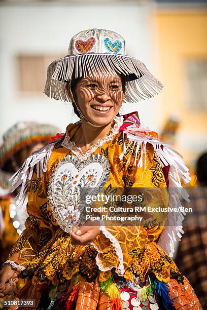 female dancer in traditional costume, fiesta de la virgen de la candelaria, copacabana, lake titicaca, bolivia, south america - fiesta de la virgen de la candelaria stock pictures, royalty-free photos & images