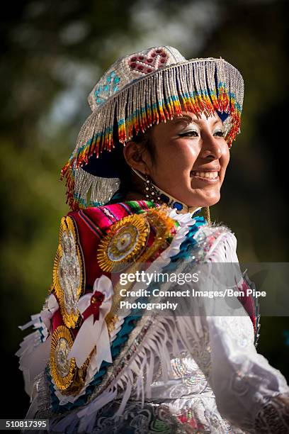 close up of female dancer in traditional costume, fiesta de la virgen de la candelaria, copacabana, lake titicaca, bolivia, south america - virgen de la candelaria fiesta stock pictures, royalty-free photos & images