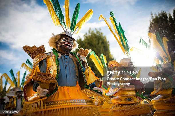 dancers in masks and costumes, fiesta de la virgen de la candelaria, copacabana, lake titicaca, bolivia, south america - virgen de la candelaria fiesta stock pictures, royalty-free photos & images