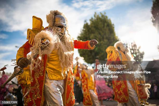 dancers in costumes and masks, fiesta de la virgen de la candelaria, copacabana, lake titicaca, bolivia, south america - virgen de la candelaria fiesta stock pictures, royalty-free photos & images