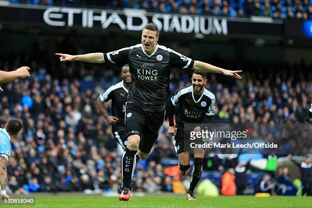 Robert Huth of Leicester celebrates after scoring their 3rd goal during the Barclays Premier League match between Manchester City and Leicester City...