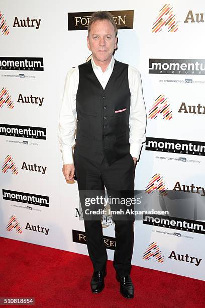 Actor Kiefer Sutherland attends the screening of Momentum Pictures' 'Forsaken' at Autry Museum of the American West on February 16, 2016 in Los...