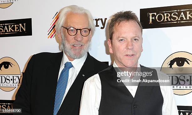 Actors Donald Sutherland and Kiefer Sutherland attend the screening of Momentum Pictures' 'Forsaken' at Autry Museum of the American West on February...