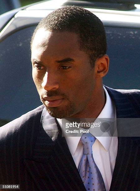 Los Angeles Lakers star Kobe Bryant arrives at the Eagle County Courthouse July 19, 2004 in Eagle, Colorado. Lawyers for Bryant want the judge to...