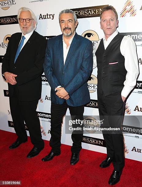 Actor Donald Sutherland, director Jon Cassar, and actor Kiefer Sutherland attend the screening of Momentum Pictures' 'Forsaken' at Autry Museum of...