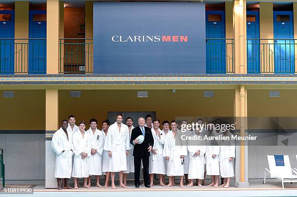 Christian Courtin-Clarins Dan Carter and Camille Lacourt pose before a swimming training session at Piscine Molitor on February 17, 2016 in Paris,...