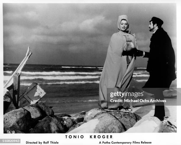 Nadja Tiller walks with Jean-Claude Brialy as Tonio Kroeger in a scene from the movie "Tonio Kroeger" circa 1964.