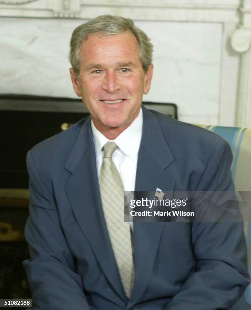 President George W. Bush smiles during a meeting with President Ricardo Lagos of Chile in the Oval Office at the White House July 19, 2004 in...