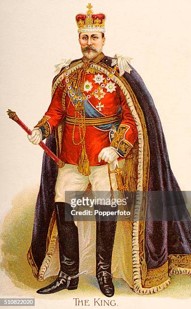 Vintage postcard illustration featuring King Edward VII with crown, sceptre, robes and medals, circa 1912.