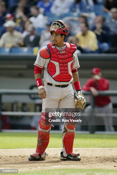 Catcher Jose Molina of the Anaheim Angels looks on the field during the game against the Chicago White Sox at U.S. Cellular Field on May 30, 2004 in...