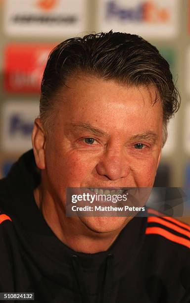 Manager Louis van Gaal of Manchester United speaks during a press conference, ahead of their UEFA Europa League match against FC Midtjylland, at MCH...