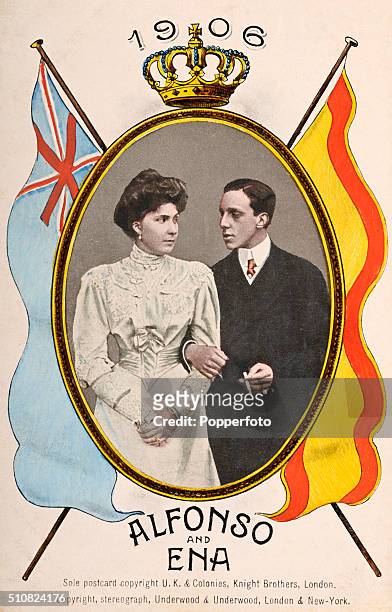 Vintage postcard featuring King Alfonso XIII of Spain with his wife, Victoria Eugenie of Battenberg or Ena, on the occasion of their marriage on 31st...
