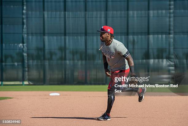 Hanley Ramirez of the Boston Red Sox works out at first base during a Spring Training workout on February 17, 2016 at Fenway South in Fort Myers,...