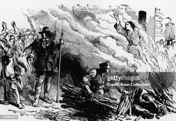 An illustration depicts a woman being burned at the stake for the crime of engaging in witchcraft, circa 1692.