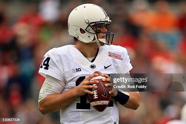 Christian Hackenberg of the Penn State Nittany Lions in action during the TaxSlayer Bowl game against the Georgia Bulldogs at EverBank Field on...