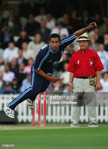 Adam Hollioake of Surrey bowls during the Twenty20 Quarter-Final match between Surrey Lions and Worcestershire Royals at The Brit Oval on July 19,...