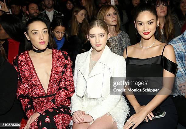 Actresses Mia Moretti, Willow Shields, and Miss Universe 2016, Pia Alonzo Wurtzbach, attend the Naeem Khan Fall 2016 fashion show during New York...