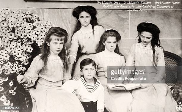 Vintage postcard, published circa 1910, featuring the five children of Tsar Nicholas II and Queen Alexandra of Russia, left to right Grand Duchesses...
