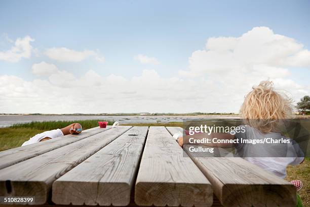 boy sitting at picnic table - picnic table stock pictures, royalty-free photos & images