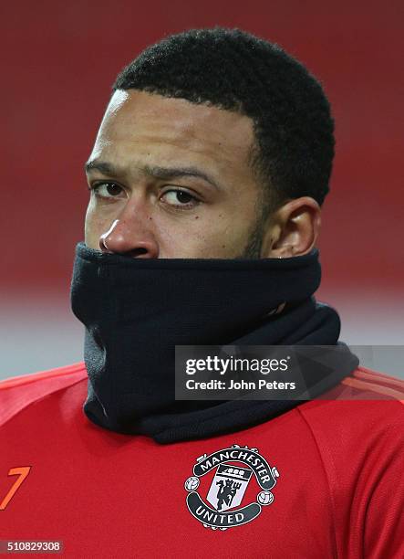 Memphis Depay of Manchester United in action during a first team training session, ahead of their UEFA Europa League match against FC Midtjylland, at...