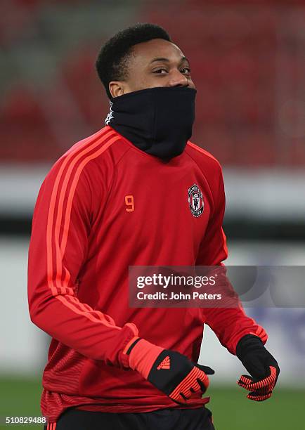 Anthony Martial of Manchester United in action during a first team training session, ahead of their UEFA Europa League match against FC Midtjylland,...