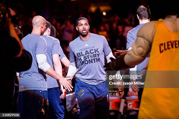 Tristan Thompson of the Cleveland Cavaliers during the player introduction prior to the game against the Boston Celtics at Quicken Loans Arena on...