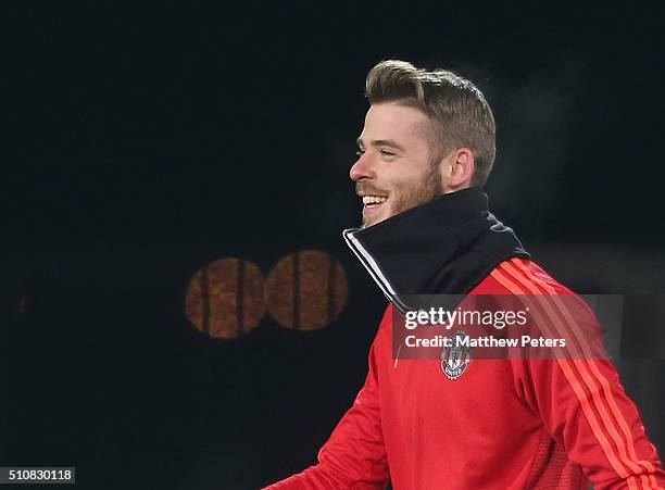 David de Gea of Manchester United in action during a first team training session, ahead of their UEFA Europa League match against FC Midtjylland, at...