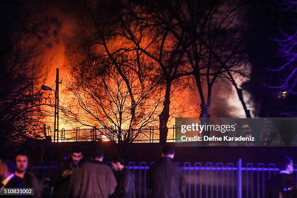 Turkish army service busses burn after an explosion on February 17, 2016 in Ankara, Turkey. 21 people were killed and at least 61 are said to be...