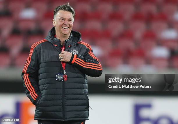 Manager Louis van Gaal of Manchester United in action during a first team training session, ahead of their UEFA Europa League match against FC...